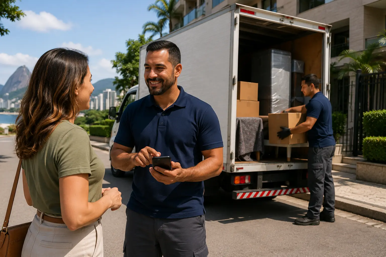 Profissional atende cliente diante de caminhão-baú com carga organizada