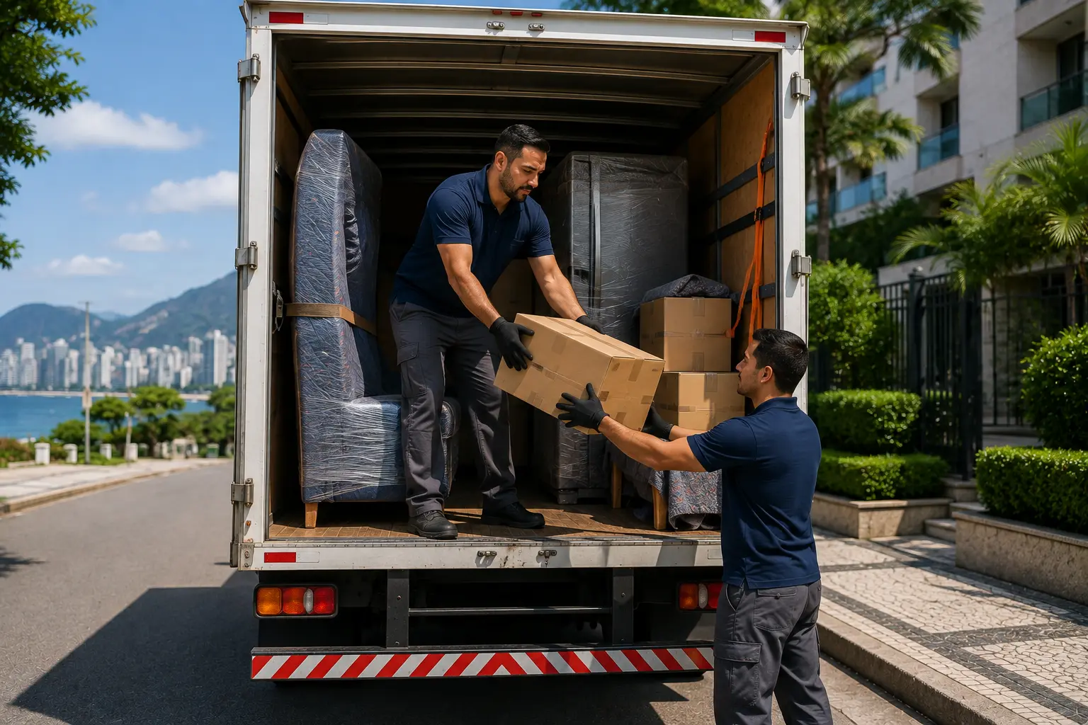 Carga organizada dentro de caminhão de frete com móveis protegidos