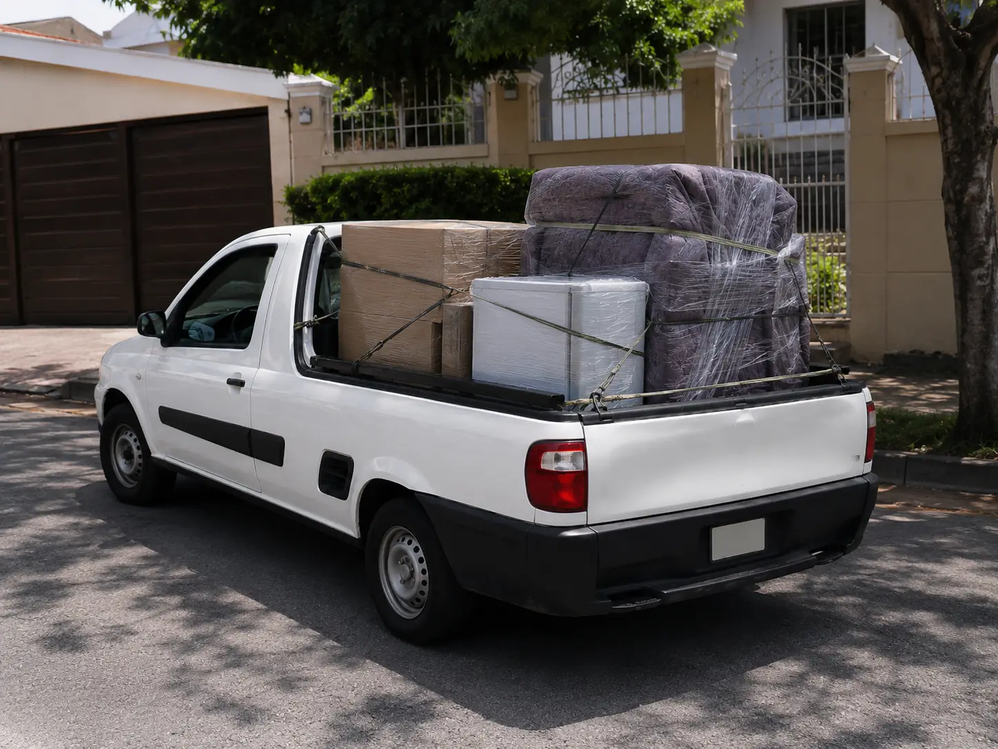 Caminhonete branca carregada com poucos volumes protegidos