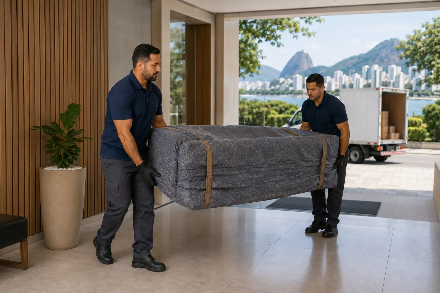 Dois profissionais transportam sofá protegido com manta